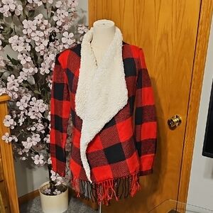 Hollister Red and Black Checkered Cardigan with Soft Cream Lapel